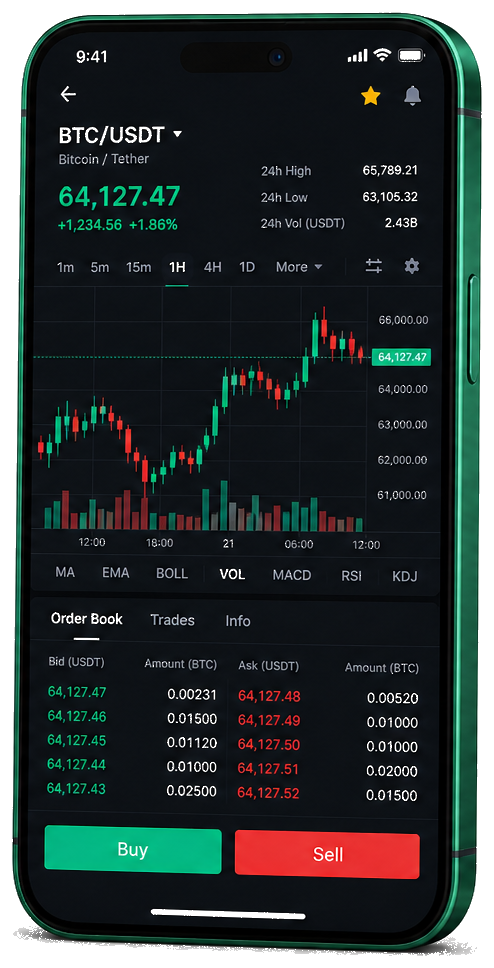 Application mobile Essor Luxera — graphique BTC/USDT en direct, carnet d’ordres et outils de trading